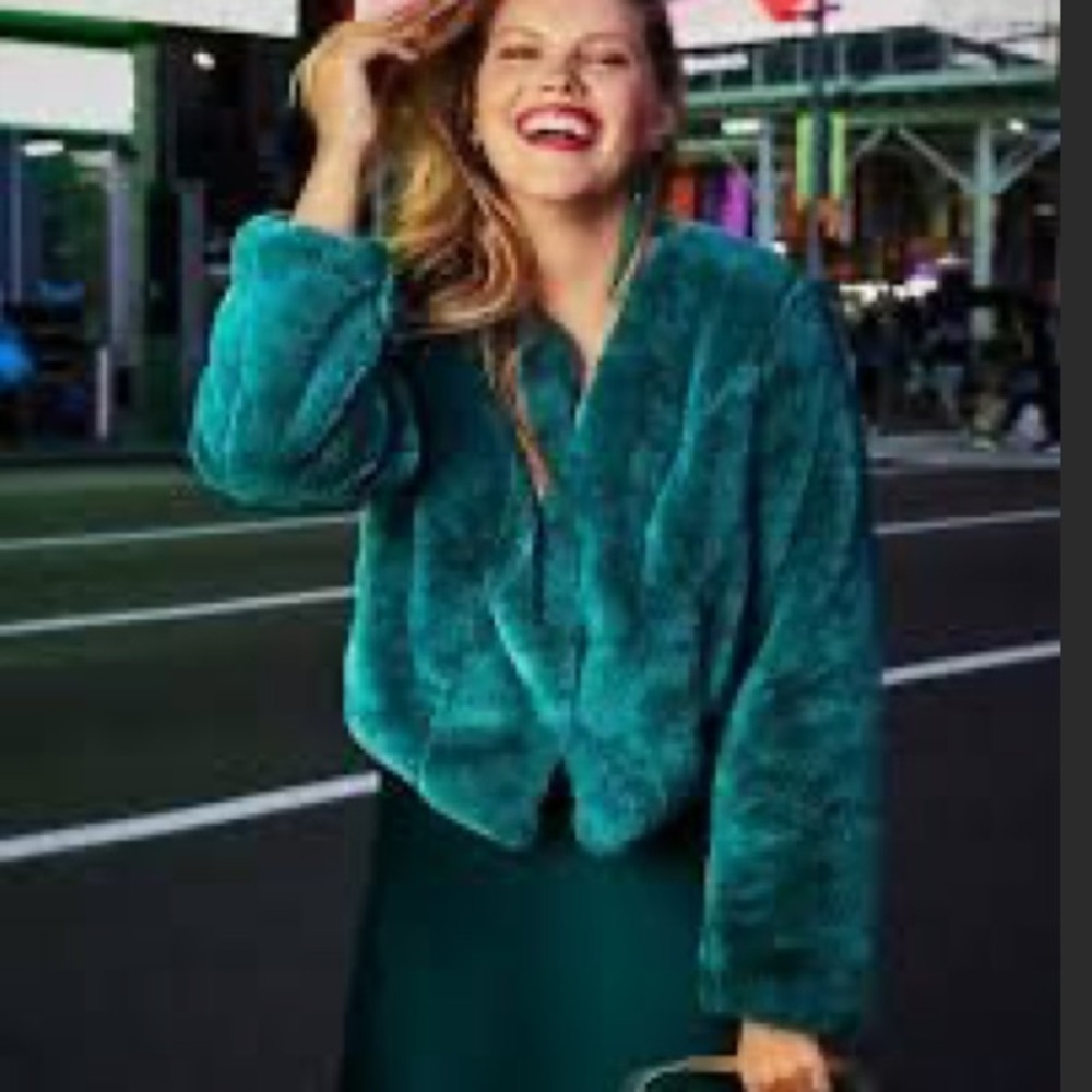 Eloquii Green/Teal Faux Fur Coat